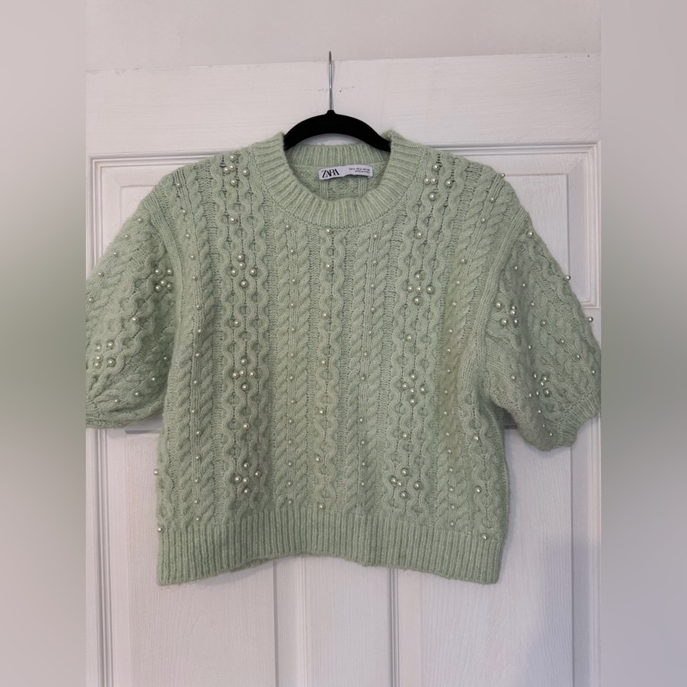 Zara Mint Green Pearl-Embellished Cable Knit Crewneck Sweater